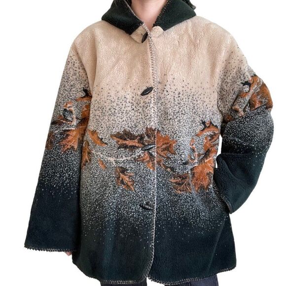 Vintage 90s White Stag Fall Leaf Landscape Hooded Fleece Jacket Coat Sz 1X - Picture 5 of 9